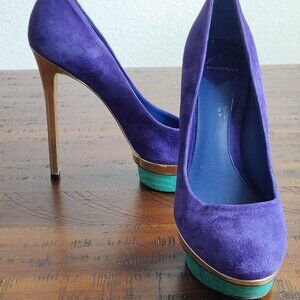 Brian Atwood Blue Suede Colorblock Fontanne Platform Pumps 7.5 Gold aqua green
